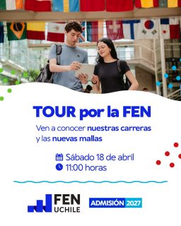 😍 Te esperamos en el primer Tour y Charla FEN de este 2026. Imagina recorrer nuestros patios, conocer las salas y resolver todas tus dudas sobre Ingeniería Comercial, Contador Auditor o Ingeniería en Información y Control de Gestión en un solo lugar. 🏢

La cita es el próximo sábado 18 de abril a las 11:00 hrs directamente en nuestra facultad. Es la oportunidad perfecta para que sientas el ambiente de la Chile, hables con estudiantes y te convenzas de que este es tu lugar.

Para asegurar tu cupo solo debes ir al link de nuestra BIO y completar el formulario de inscripción.💙🦁